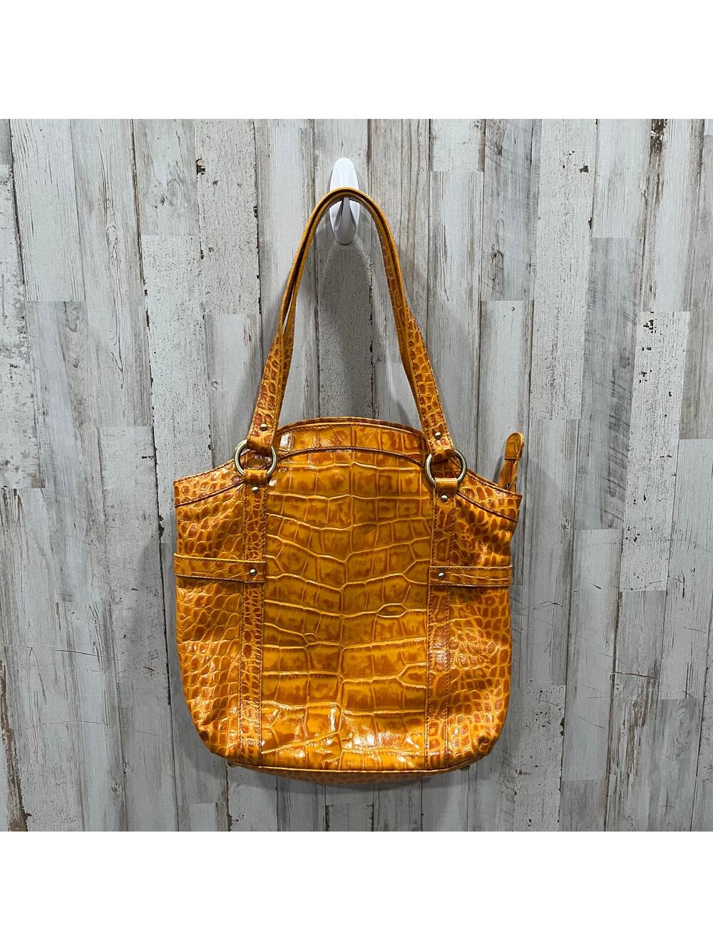 Michael Rome Designs Crocc Embossed Large Orange Leather Pockets Shoulder Bag